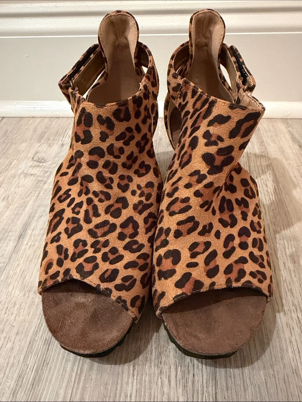 Leopard Print Wedge Sandals - Women's Open Toe Heels